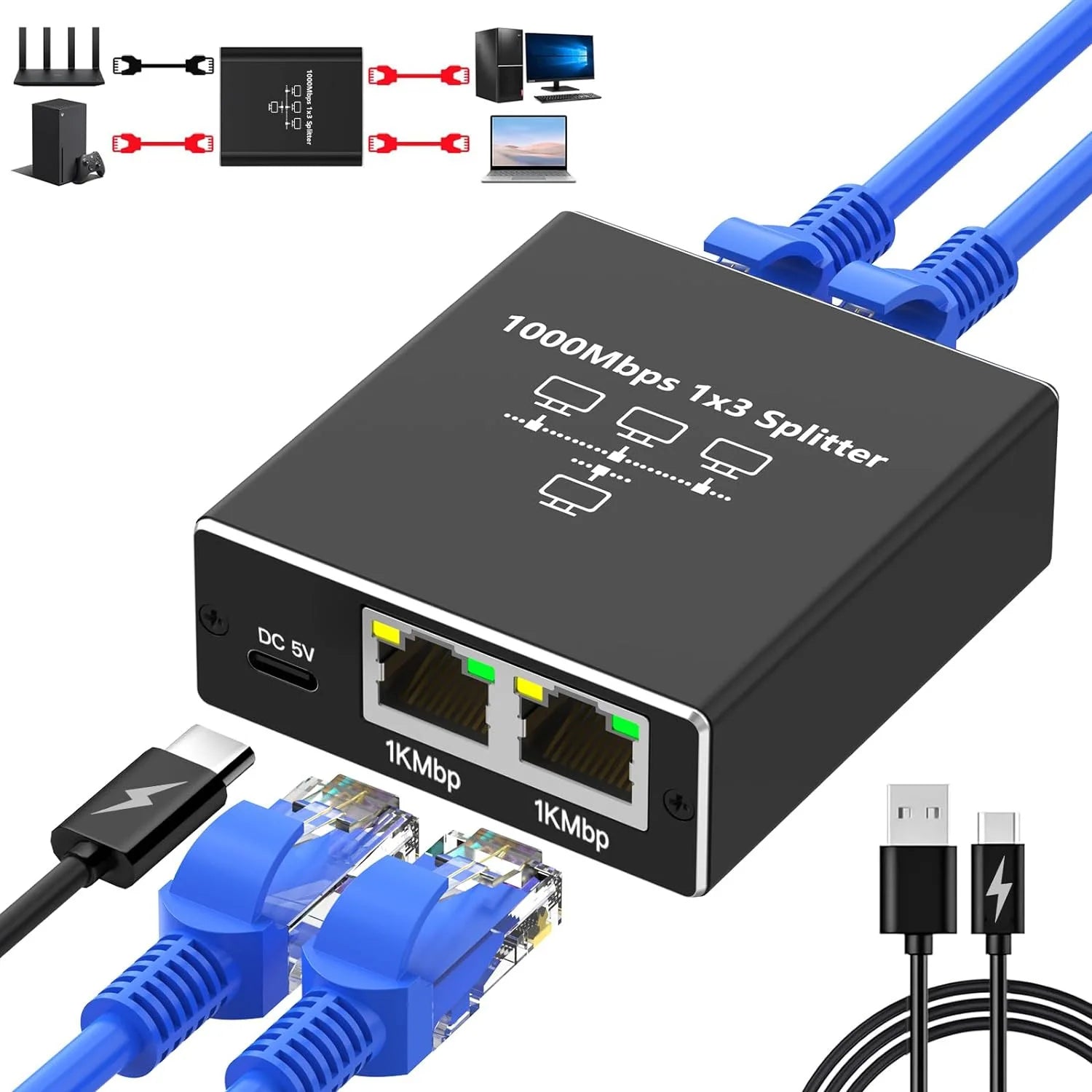 Extender Plug Extension Network Splitter 1000Mbps Hub 1 to 2 RJ45 Adapter Gigabit Converter Internet Ethernet 8P8C Set-Top