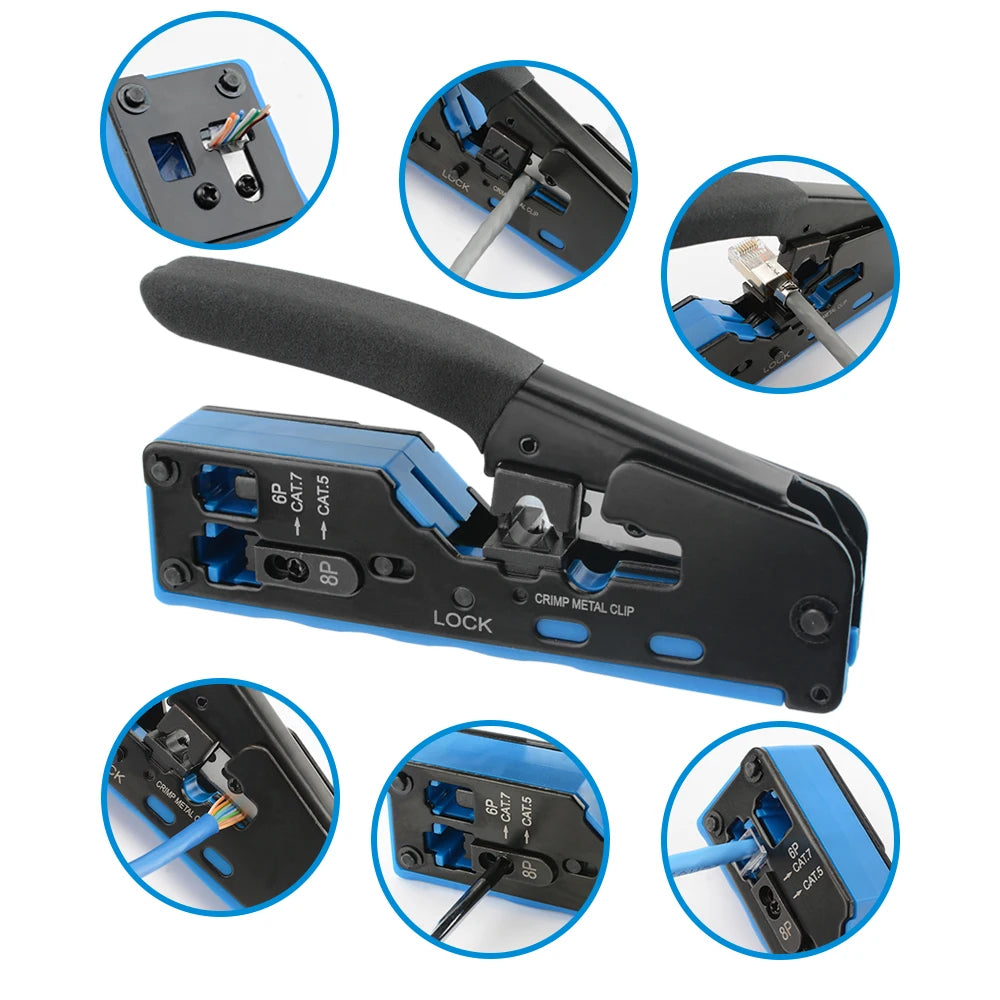 RJ45 Crimp Plier Pass Through Crimper Stripper Cutter for Cat7 Cat6 Cat5e 8P8C Modular Connector Ethernet All-in-one Wire Tool