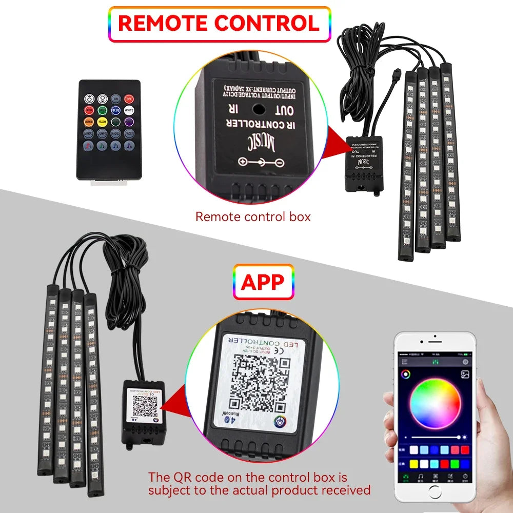 Neon 36 48 72 LED Car Interior Ambient Foot Light Wireless Remote Music APP Control Auto RGB Atmosphere Decorative Lamp