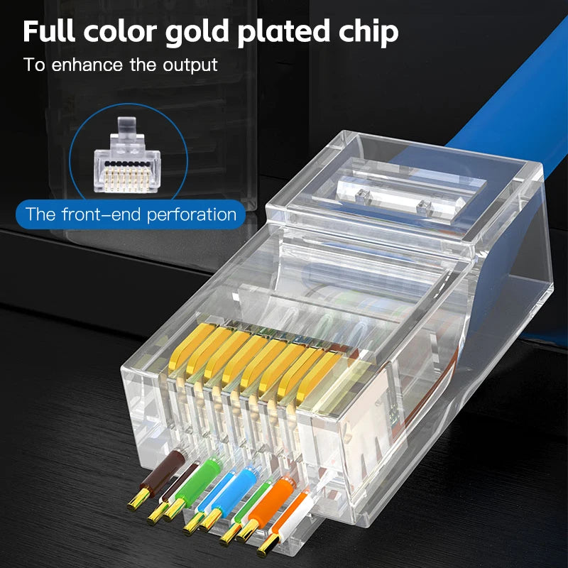 50pcs RJ45 Cat6 Connector Gold Plated Pass Through Ethernet Cables Unmodule Plug Network RJ-45 Crystal Heads