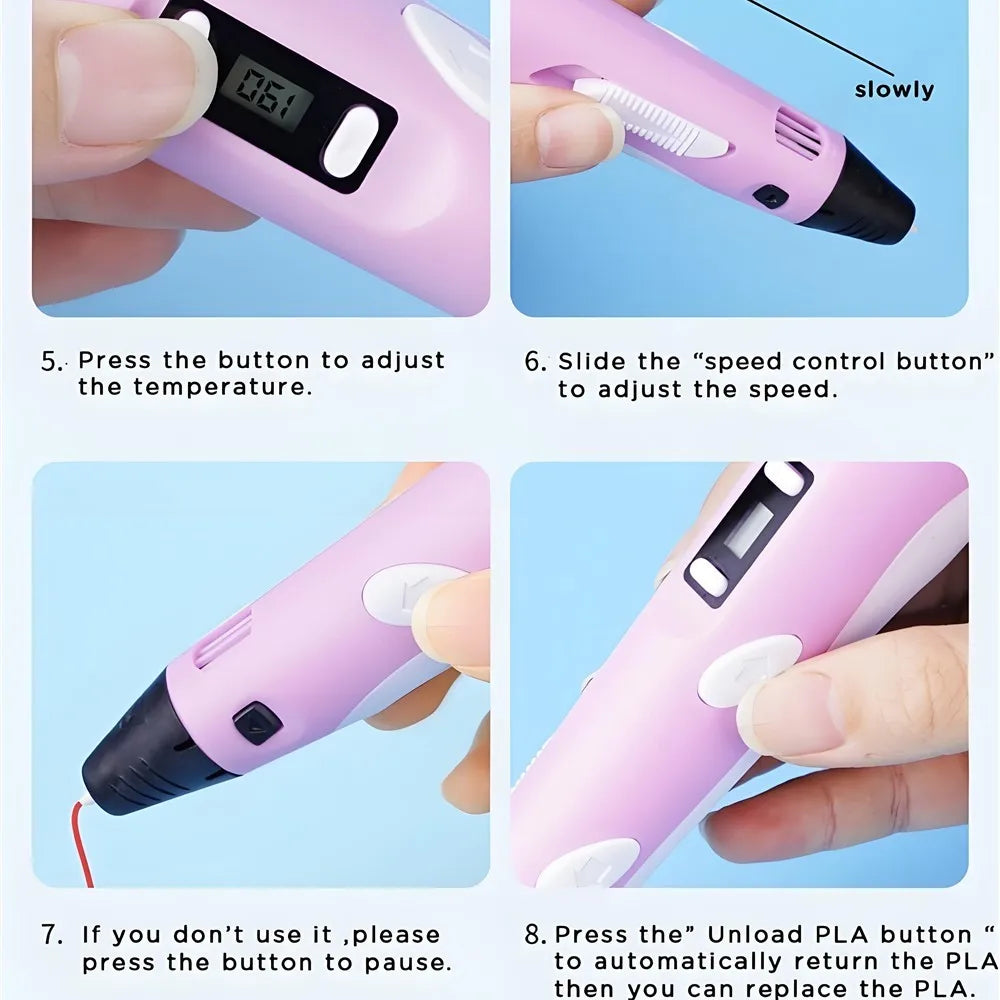 Kids 3D Printing Pen With LCD Screen & Stickers Compatible PLA Filament Safe With 9M PLA Girls Boys Birthday Gift Toys Print Pen