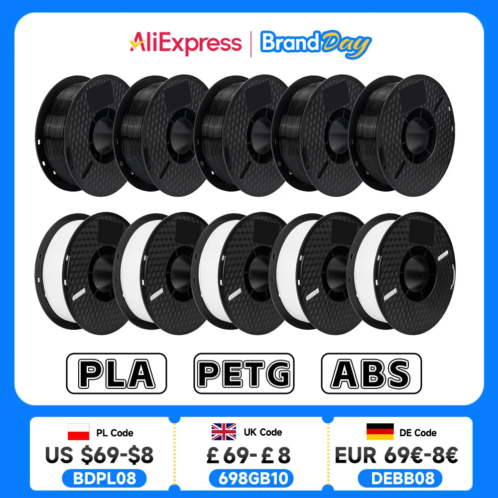 KINGROON 10KG PLA/ ABS/ PETG Filament 1.75mm Black White Gray , Wholesale 10 Rolls PLA ABS PETG Plastic For 3D Printer