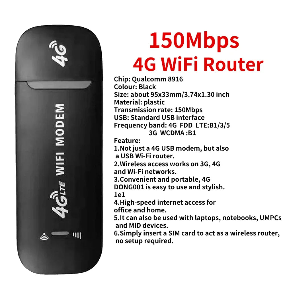 Portable 4G LTE Wireless WiFi Router 150Mbps USB Modem Dongle Mobile Broadband Hotspot with SIM Card Slot for Home Office