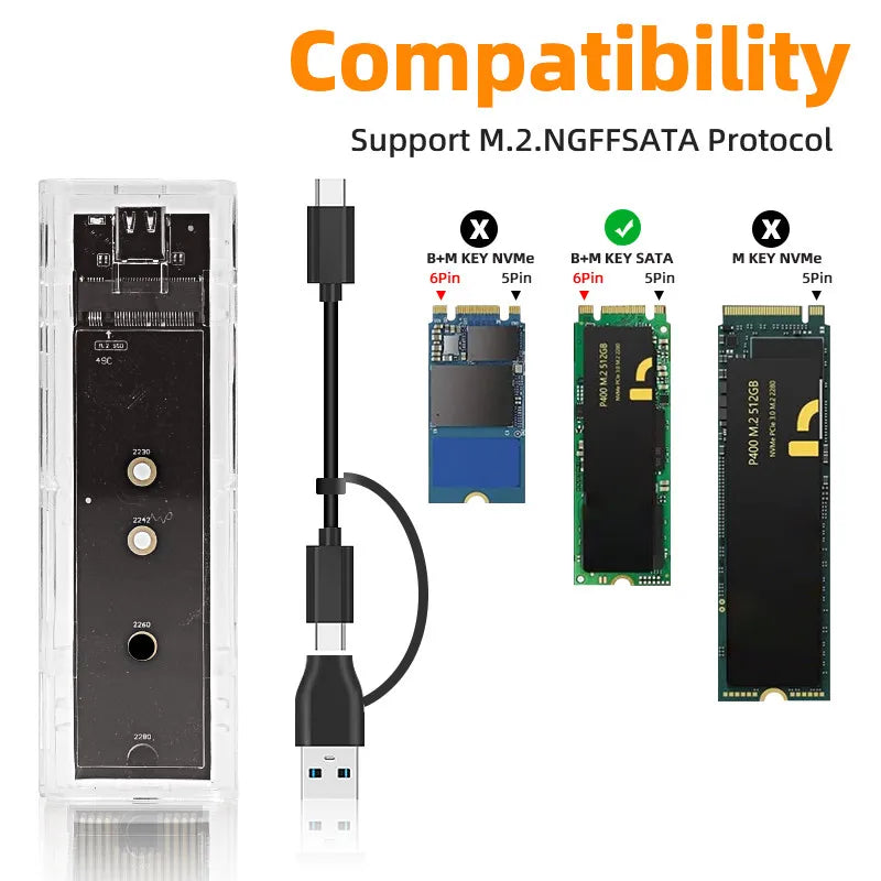 M.2 NVME PCIe NGFF SATA Dual Protocol SSD Case Clear USB Type C 10Gbps PCI-E M2 SSD Transparent External Enclosure Hard Disk Box