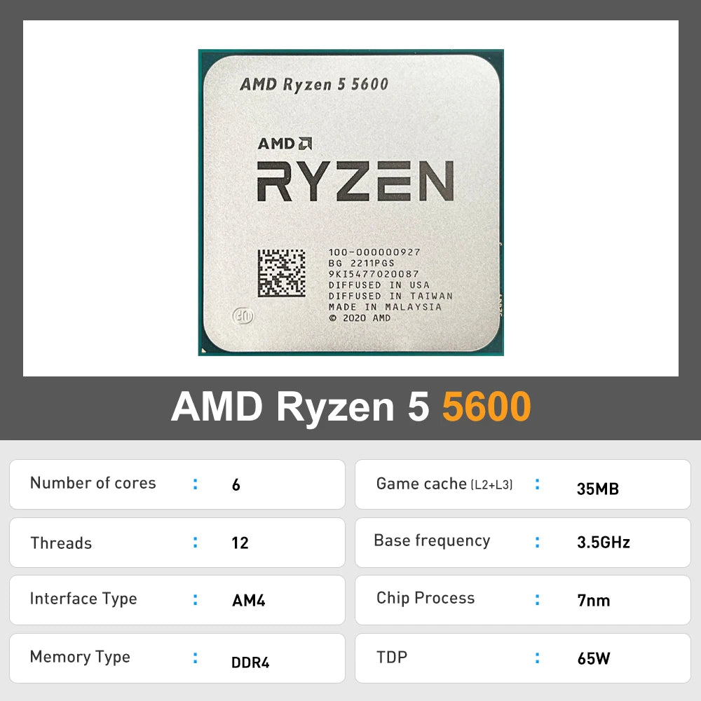 NEW AMD Ryzen 5 5600 R5 5600 3.5 GHz 6-Core 12-Thread CPU Processor 7NM L3=32M 100-000000927 Socket AM4 Graphics Chips Processor