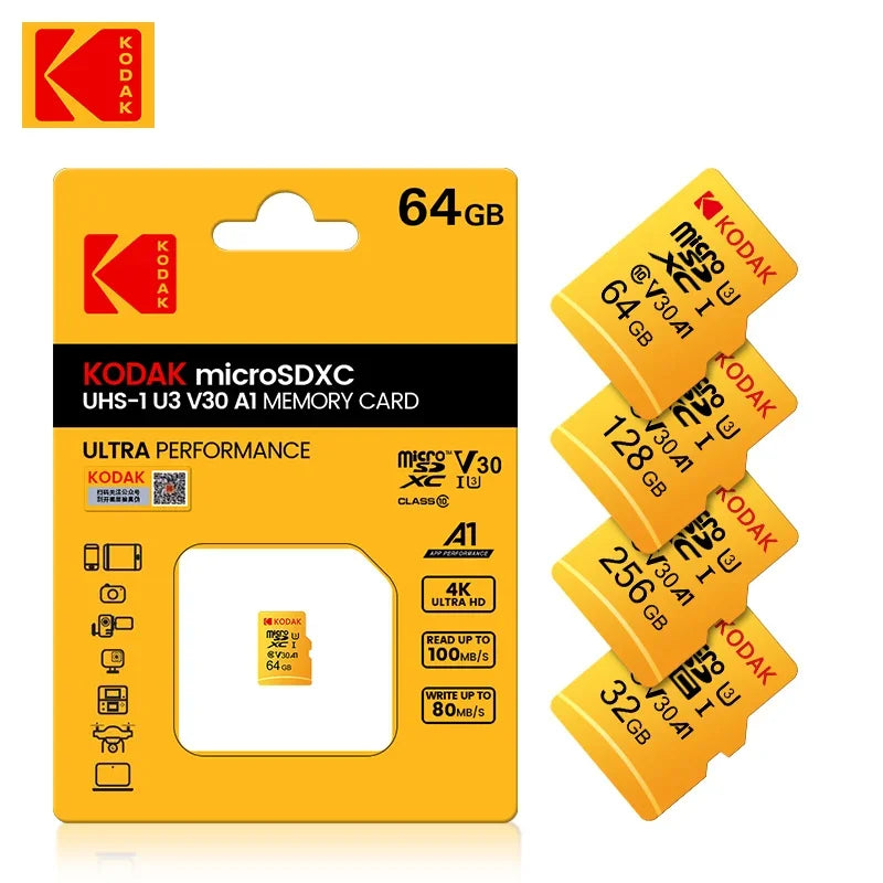 Original KODAK MicroSD Card 64GB 32GB Memori Memory Card C10 TF Micro SD SDXC 128GB 256GB 512GB U3 V30 4K For Phone Drone Camera