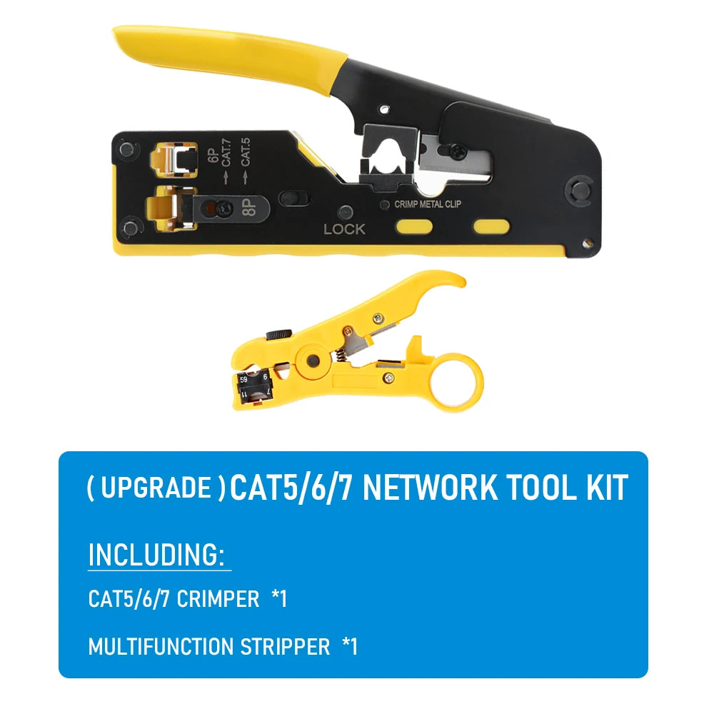 Rj45 Rj12 Rj11 Pass Through Crimp Plier Cat7 Cat6 Cat6A Cat5 Cat5e Stripping Crimping Tool with 8P/6P Ethernet Connectors