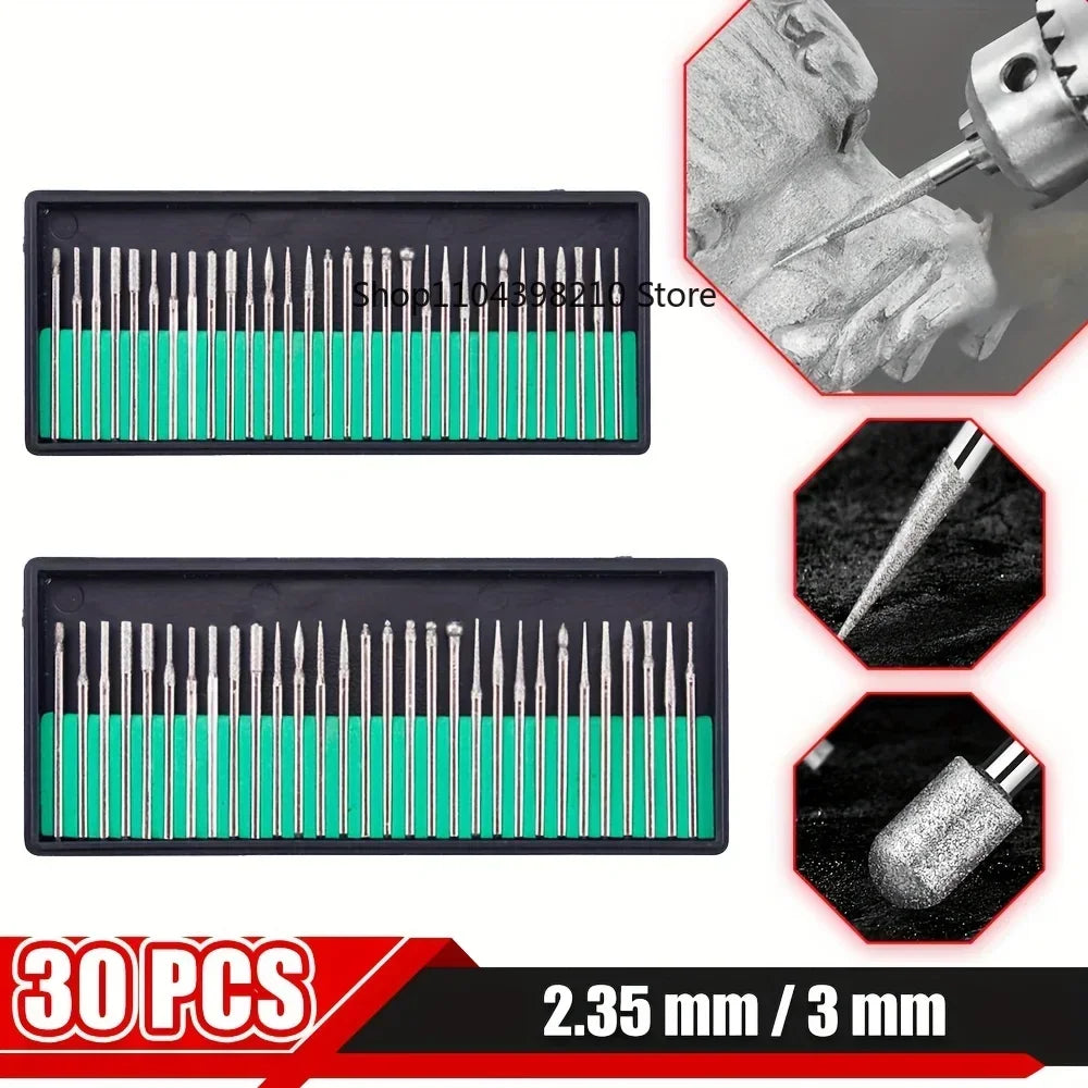 30pcs Diamond Grinding Burr Needle Point Engraving Carving Polishing For Glass Jade Stone 2.35/3mm Drill Bit Rotary Tool Set