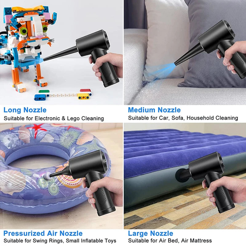 Cordless Air Duster, 5-in-1 High-Speed Blower for PC/Car/Home/Hair Cleaning with 3 Nozzles & 3000mAh Rechargeable Battery