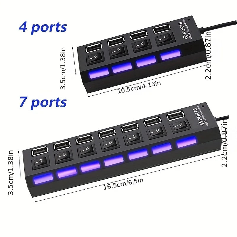 7 Port with LED Light USB 2.0 Adapter Hub with Independent Power on Off for Computers Tablets Laptops Supports Data Transmission