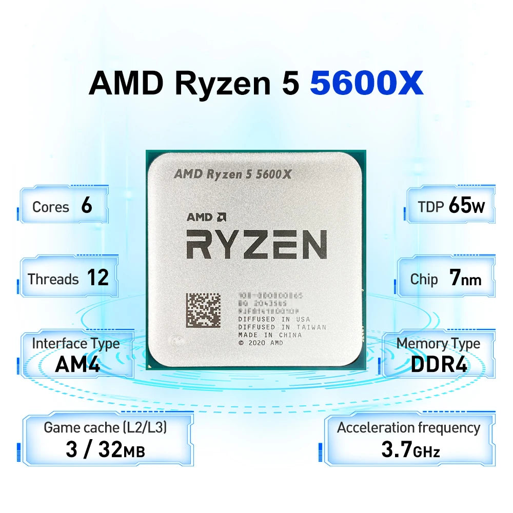AMD Ryzen 5 5600X 3.7GHz 6-Core 12-Thread R5 5600X Socket AM4 7NM L3=32M Processor 65W DDR4 No cooler