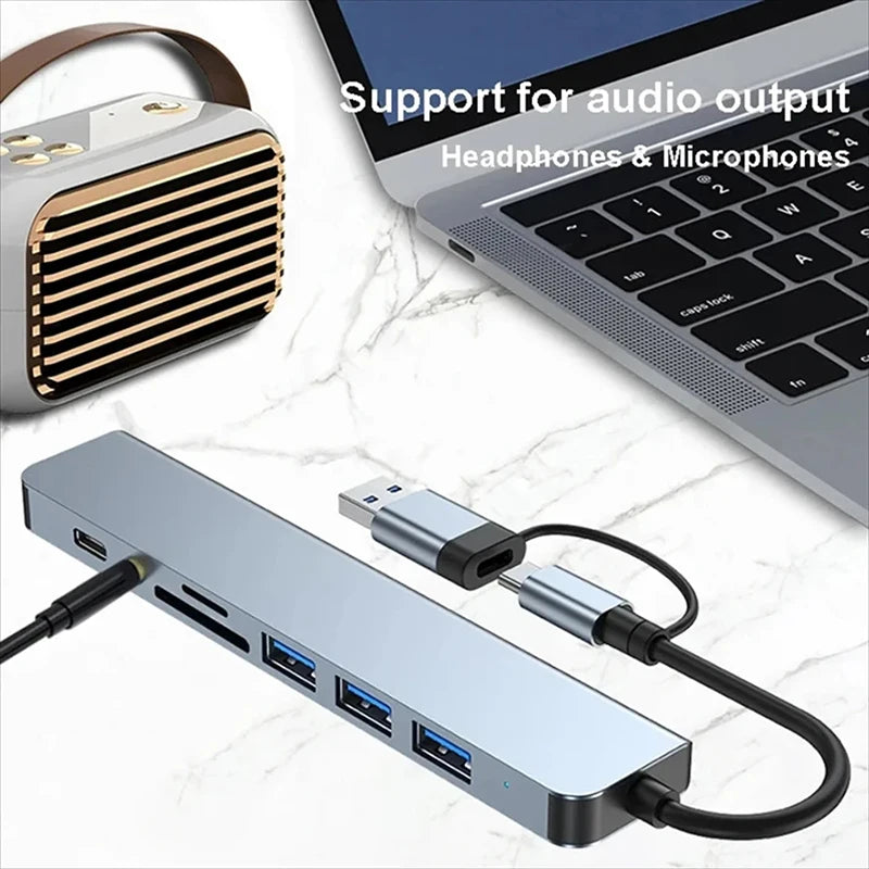 8 in 2 Type C HUB Docking Station USB Micro SD Card Reader with 3.5mm Audio Jack Adapter Laptop Tablet Phone Disk Converter