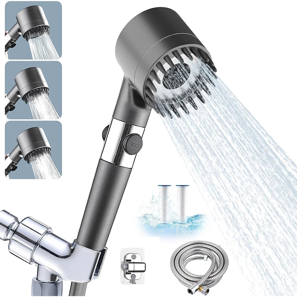 3 Modes Filter Powerful Shower Head Massage Spa High Pressure Water Saving Handheld Showerhead with ON/OFF Switch for Bathroom