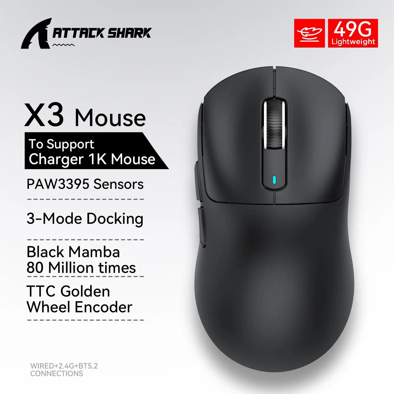 ATTACK SHARK X3 Lightweight Mouse Wireless Bluetooth Tri-Mode Connection,PAW3395,Macro Bluetooth Mouse for Gaming