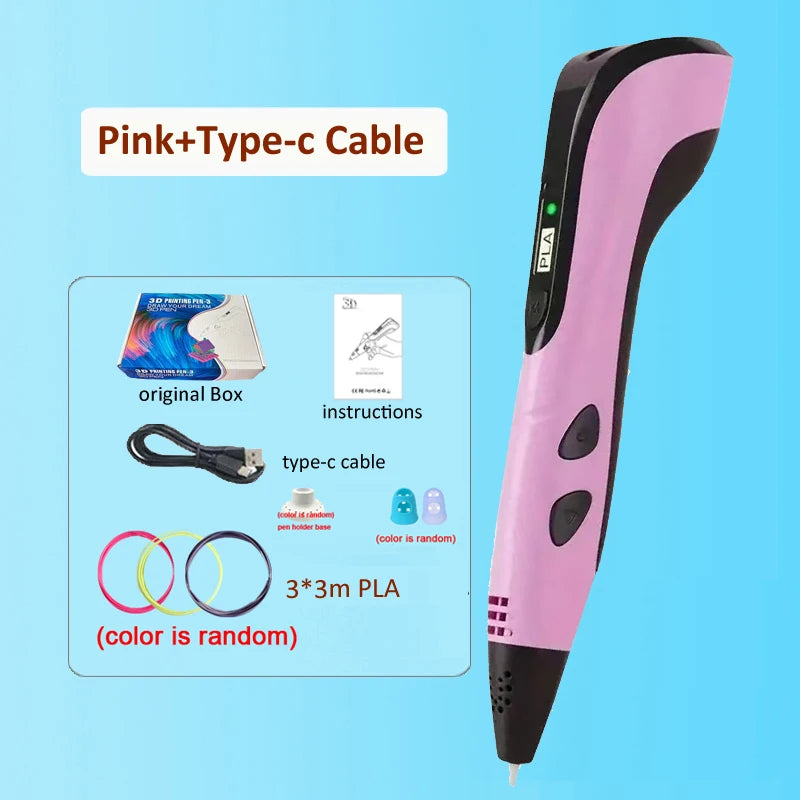 3D Pen DIY Drawing Printing Pen for kids Adult Creatived Toy 20 Colors 5M PLA Filaments +USB Type-C Rechargeable
