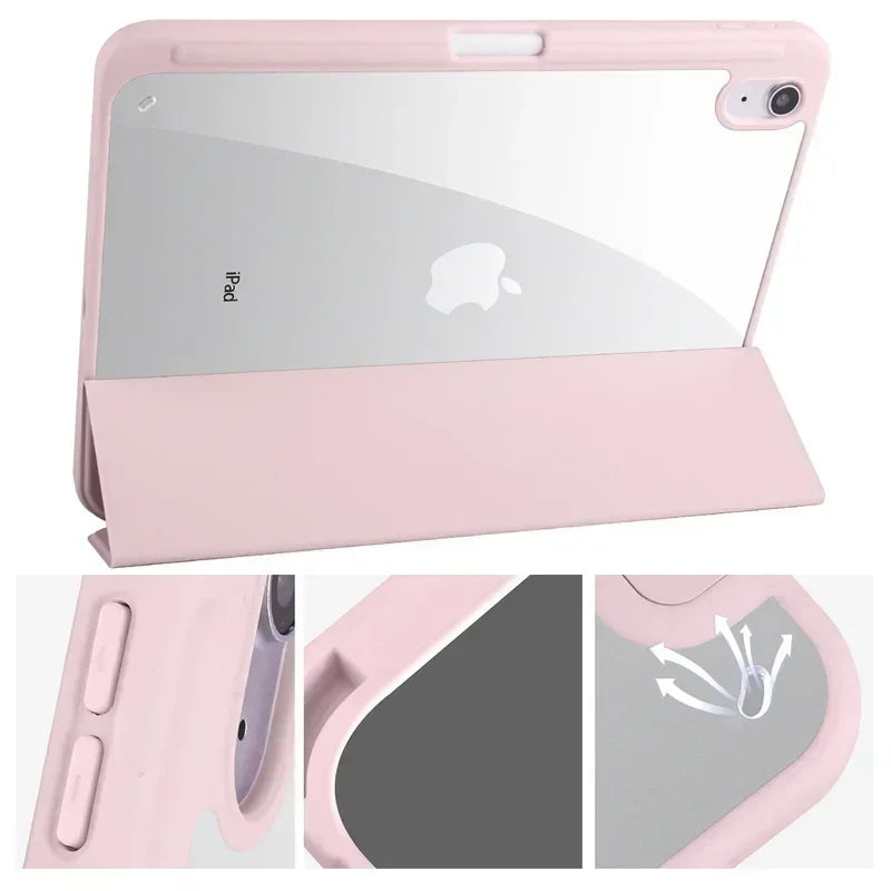For iPad 10th Gen Case with Pen Holder Trifold Acrylic Clear Back Hard Cover For iPad 10.2 9.7 Air 5 11 iPad 10 9 11th A16 Case