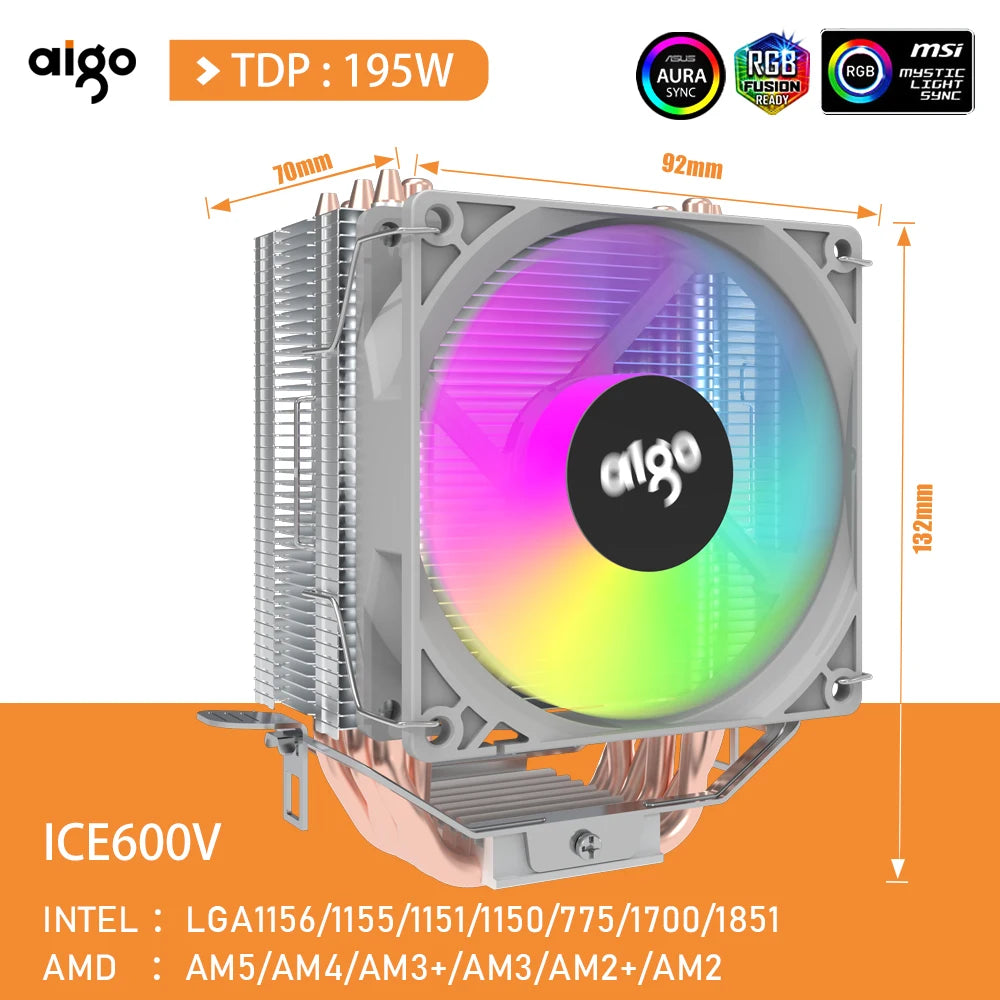 Aigo CPU Cooler 2 4 6 Heat Pipes PC Radiator Cooling 3PIN PWM Silent Rgb Fan For Intel  1700 1150 1155 1156 1366 AM2/AM3/AM4 AMD