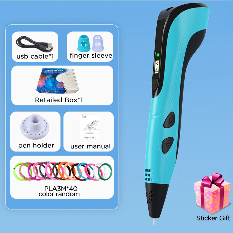 3D Pen DIY Drawing Printing Pen for kids Adult Creatived Toy 20 Colors 5M PLA Filaments +USB Type-C Rechargeable