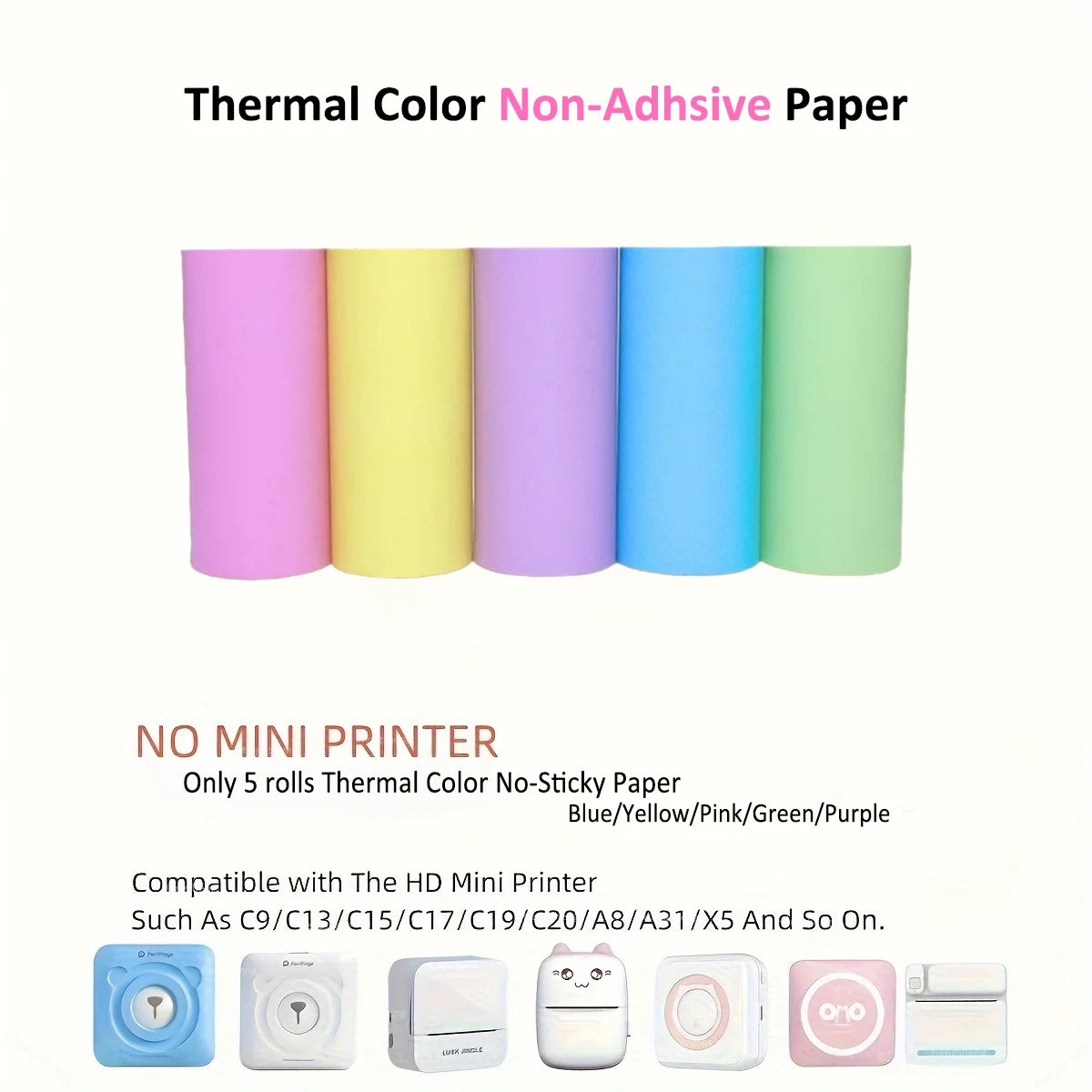 Mini Pocket Printer 5 Rolls Of Self-Adhesive Paper Portable Thermal Printer For Printer Suitable For Home Office Study And Work