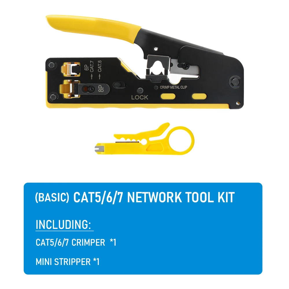 Rj45 Rj12 Rj11 Pass Through Crimp Plier Cat7 Cat6 Cat6A Cat5 Cat5e Stripping Crimping Tool with 8P/6P Ethernet Connectors