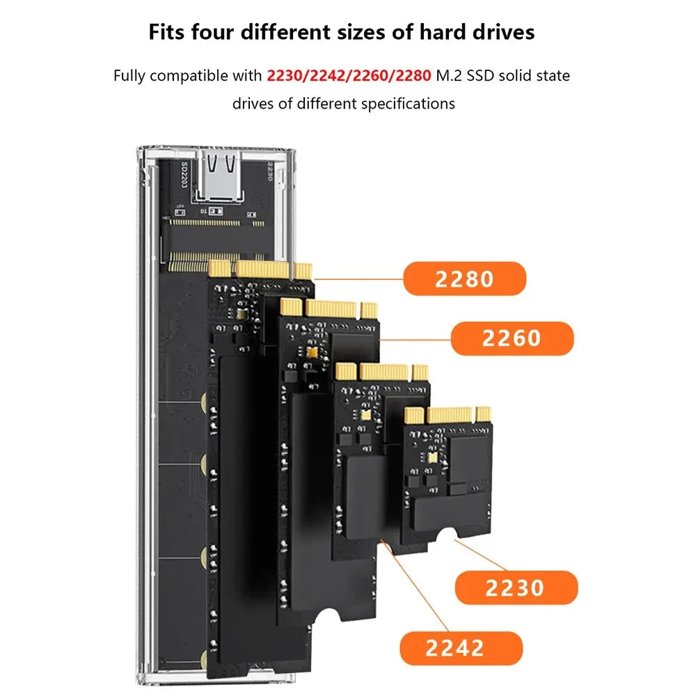M.2 NVME PCIe /NGFF SATA /Dual Protocol SSD Case Clear USB Type C 10Gbps M2 SSD Transparent External Enclosure Hard Disk Box