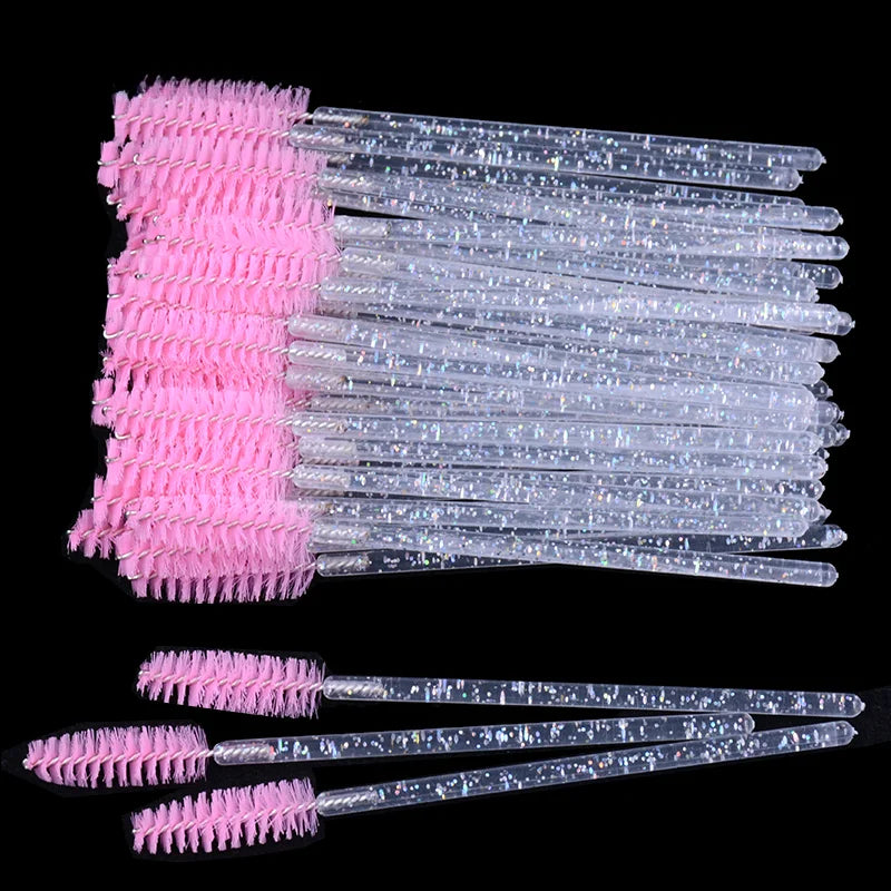 CNKESS 50Pcs/Bottle Disposable Eyelash Extension Mascara Wand Glitter Micro Lash Brushes Spoolie With Container Case Wholesale