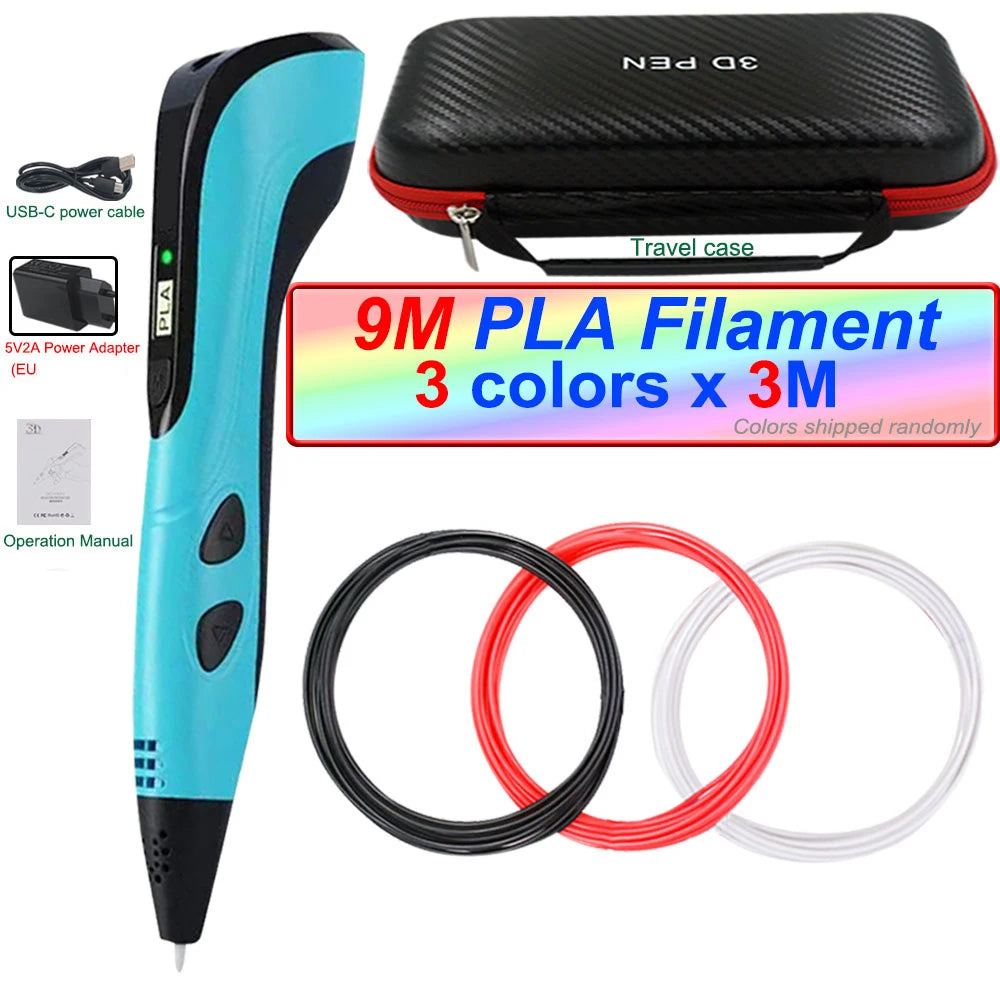 2025 3D Pen Set for Children 3D Printing Pen with LED Screen 100M PLA Power Adapter Travel Box Christmas Birthday Gift for Kids