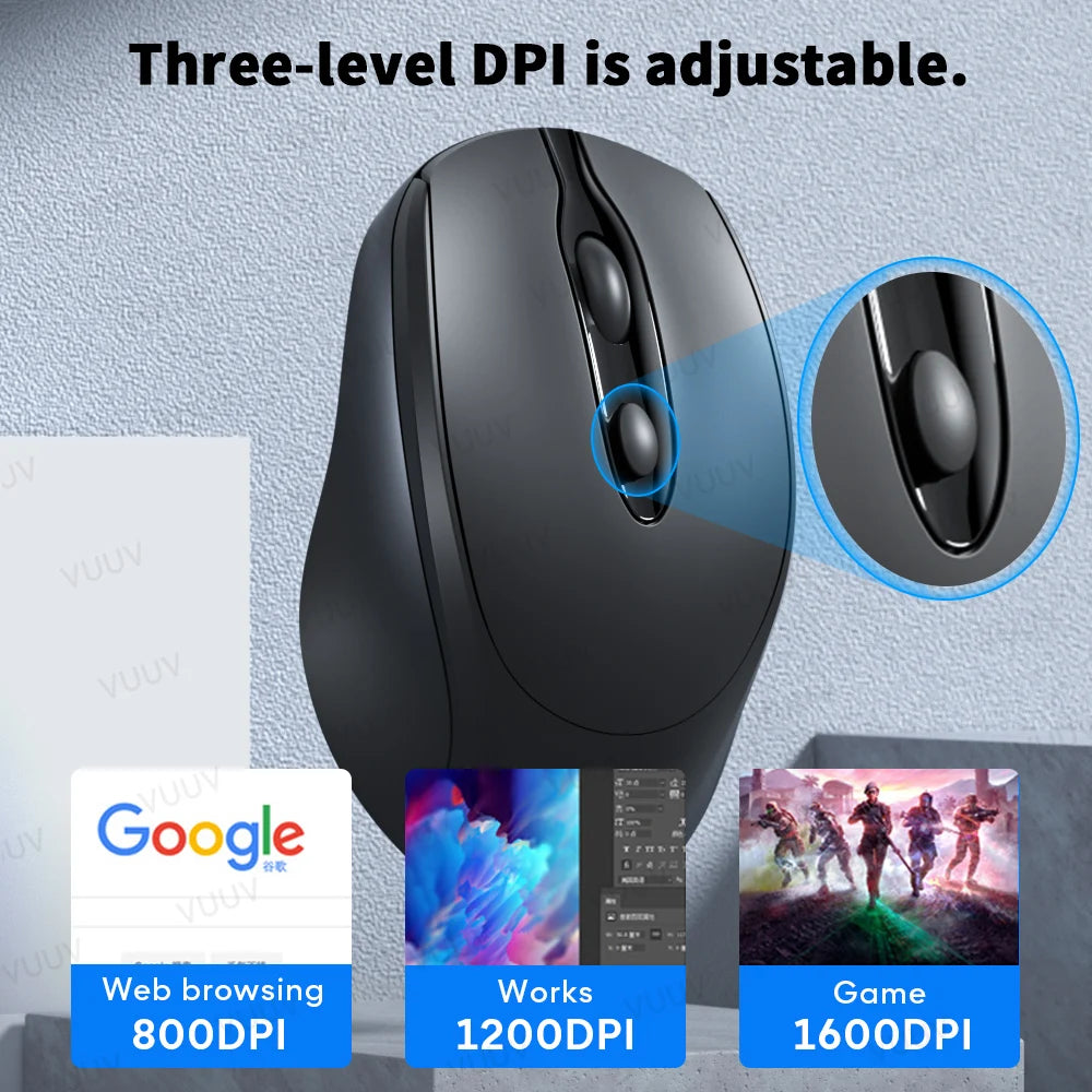 Ergonomic Wireless Bluetooth Mouse 1600DPI Rechargeable Mouse for MacBook Tablet Computer Laptop 2.4GHz USB PC Setup Accessories