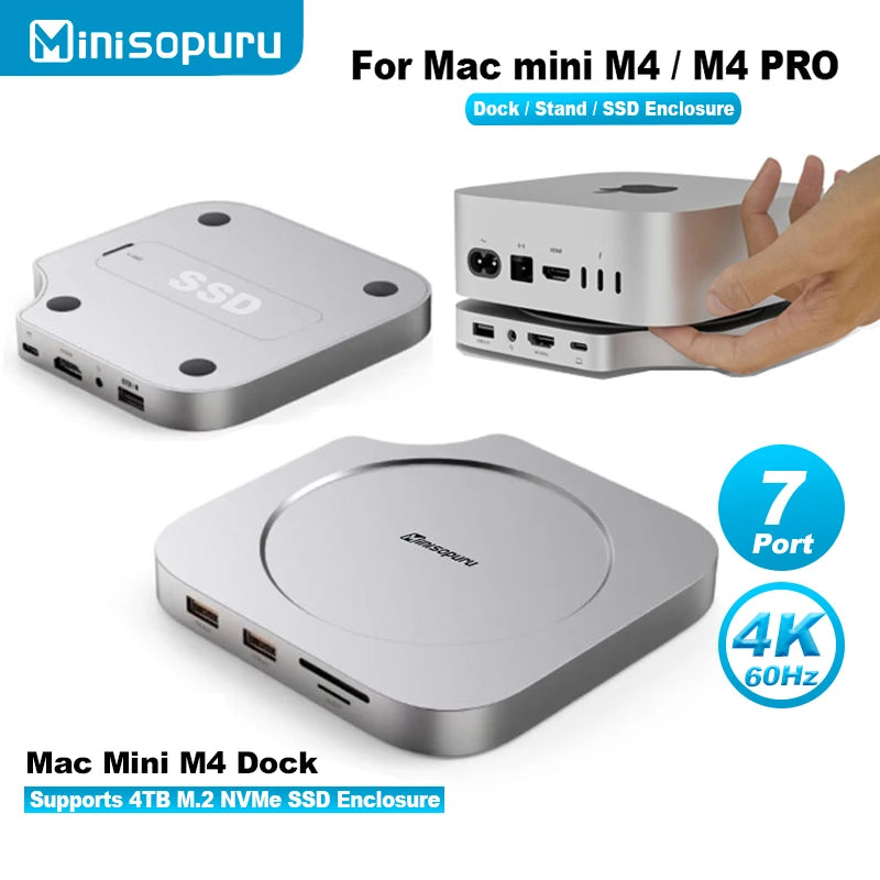 Minisopuru Mac Mini M4 Hub Dock Stand With M.2 SSD Enclosure 4K60Hz HDMI SD/TF USB C HUB Docking Station for Mac Mini M4/M4 Pro