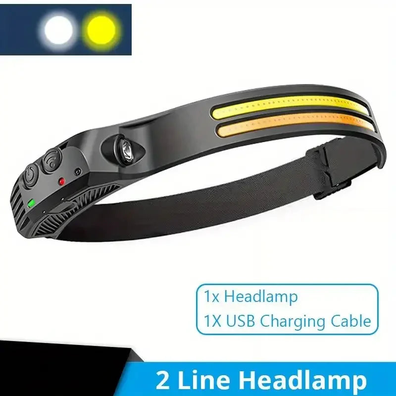Multi-functional COB Headlamp Induction 6000K LED Bar Head Torch Work Light 5 Modes Rechargeable for Climbing Running Cycling