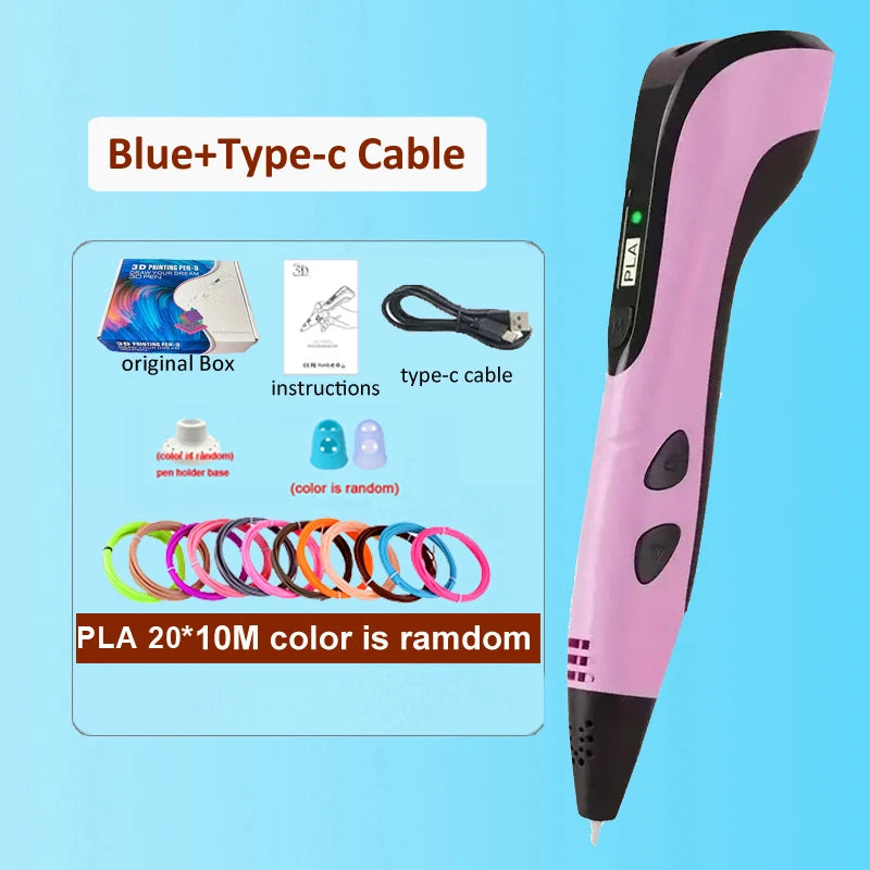 3D Pen DIY Drawing Printing Pen for kids Adult Creatived Toy 20 Colors 5M PLA Filaments +USB Type-C Rechargeable