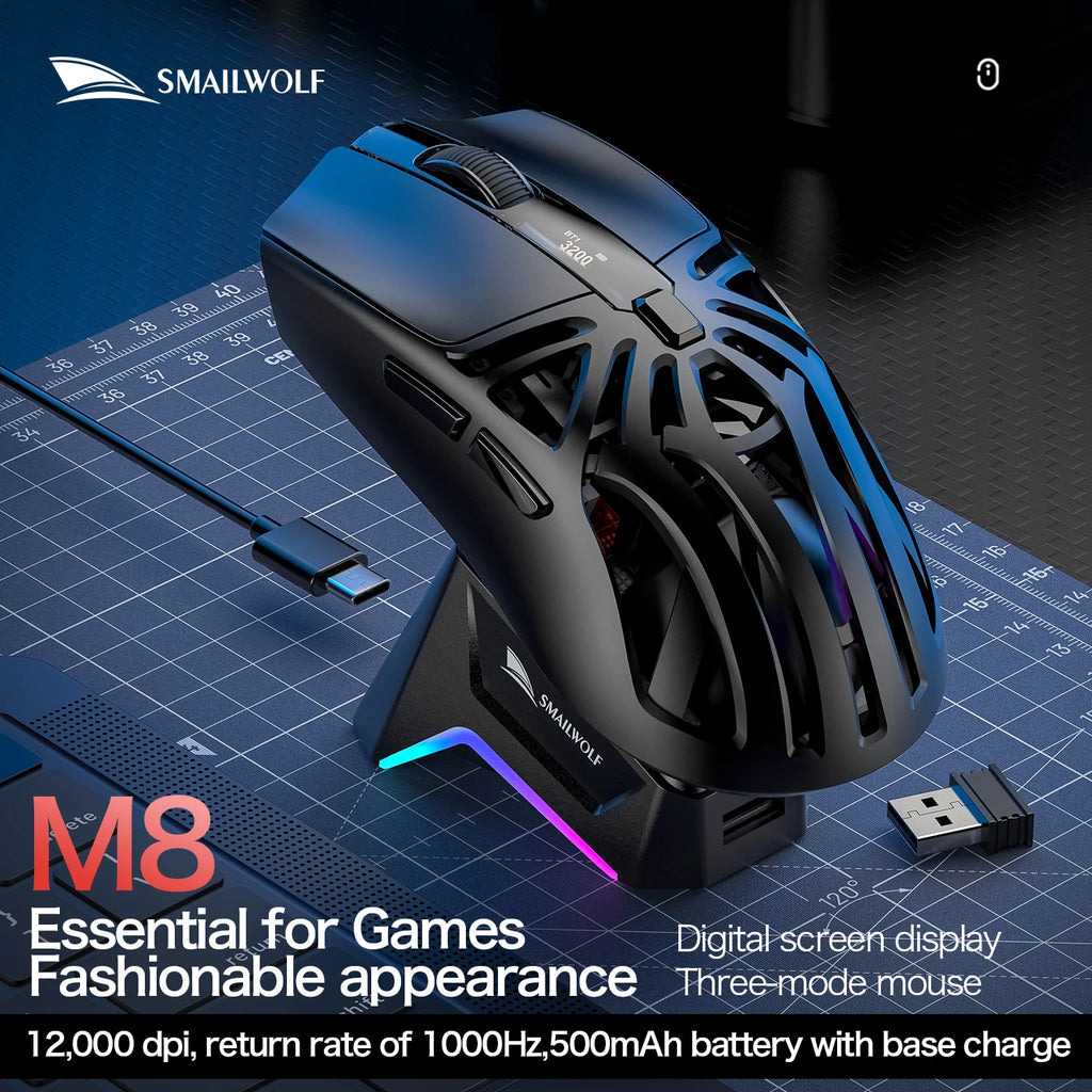 SMAILWOLF RS8  1000Hz Bluetooth mouse, 10000dpi, three-mode connection, lightweight macro gaming mouse notebook computer