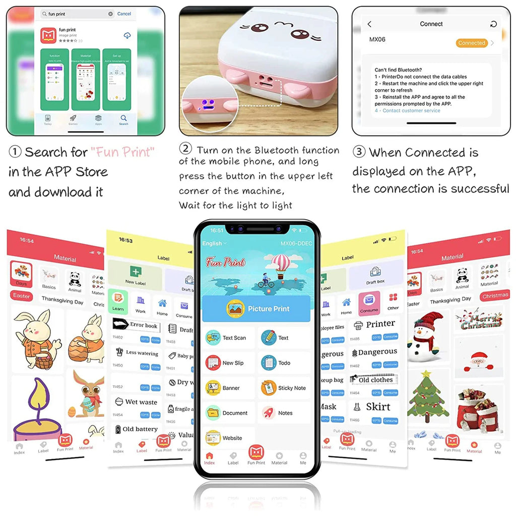 Mini Pocket Printer, Wireless BT Connection Thermal Printer For Photos Receipts Notes Memo Label Portable Inkless Gift Printer