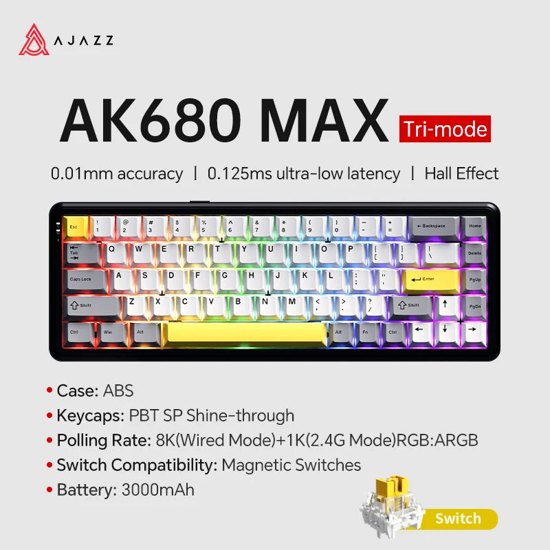 AJAZZ AK680 MAX Magnetic Switch Mechanical Keyboard 60% Rapid Trigger 0.01mm 8K/1K Return 68 keys Wired/Wireless Gaming Keybaord