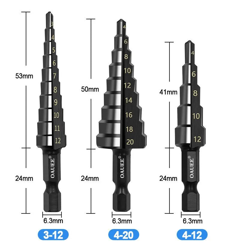 3pc Black Hexagonal Shank Straight Slot Ladder Drill Bit Reaming and Hole Opening Blackened Pagoda Drill Tool Set