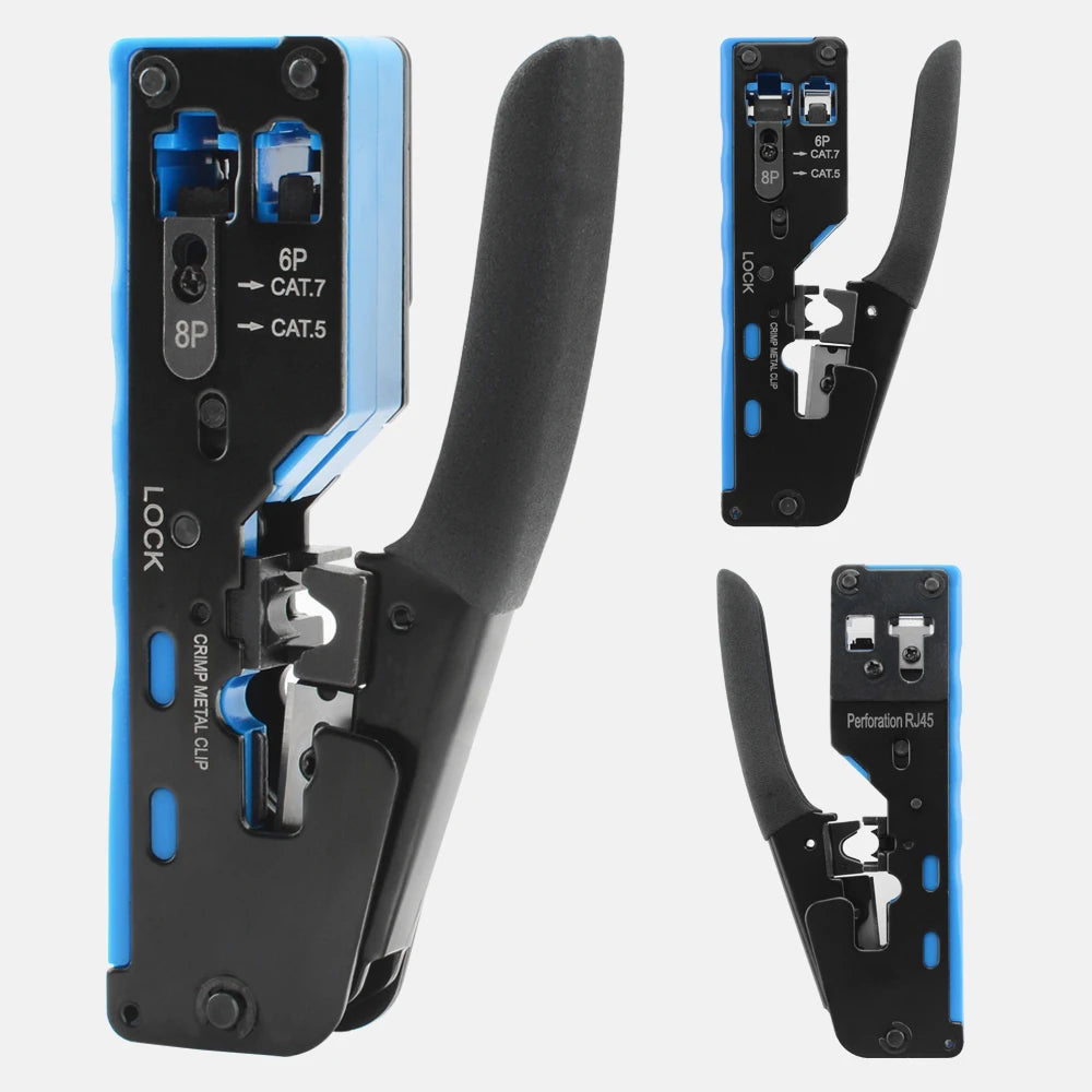 RJ45 Crimp Plier Pass Through Crimper Stripper Cutter for Cat7 Cat6 Cat5e 8P8C Modular Connector Ethernet All-in-one Wire Tool