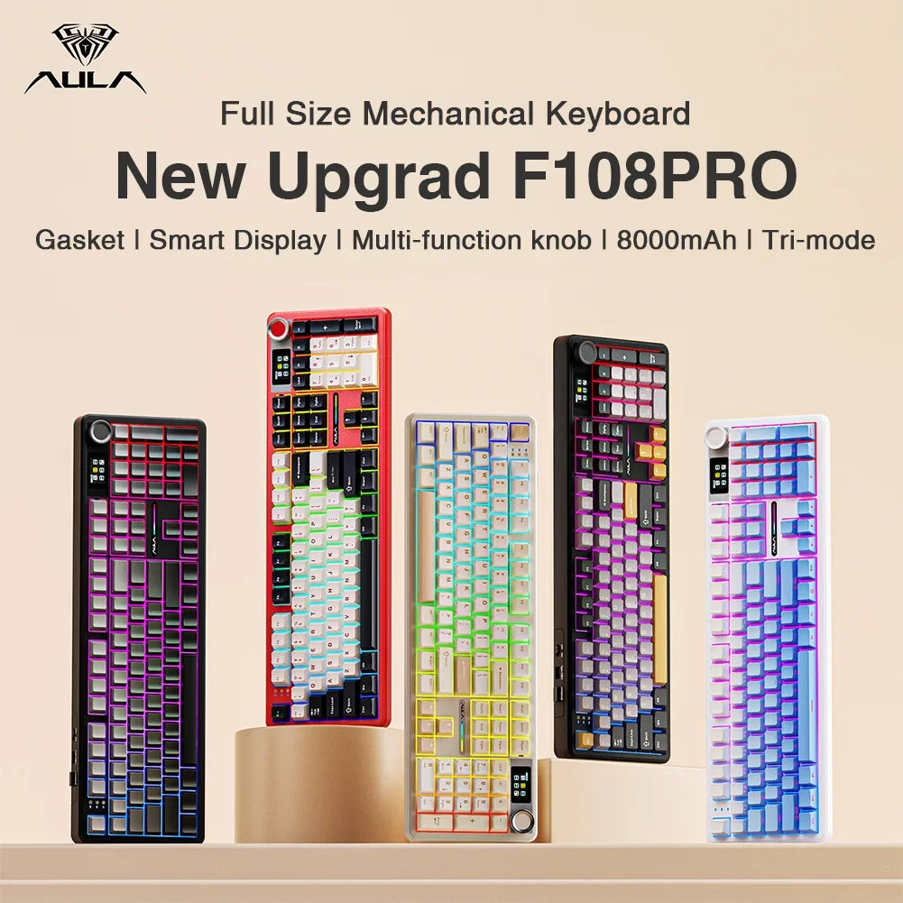 AULA F108pro Wireless Bluetooth Keyboard Macro Gaming keyboard Gasket Hot-swap Full Size Keyboard with TFT Smart Display