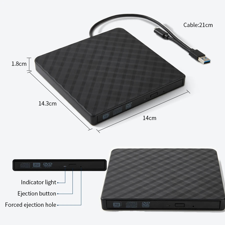 External DVD Drive USB 3.0 Portable Slim Optical Drive Burner Reader Player Tray Type Portable For for Laptop PC Computer