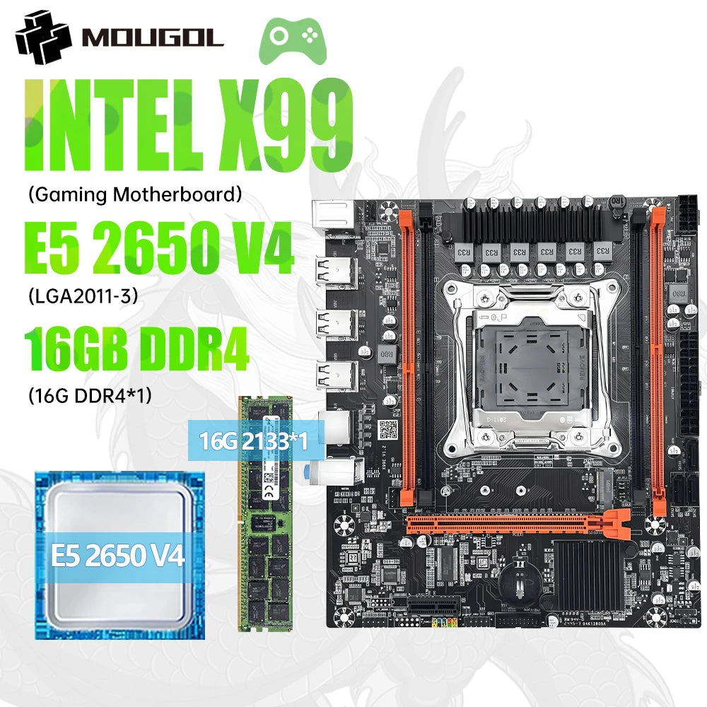 MOUGOL X99 Gaming Motherboard with 2650 V4 CPU Dual Channel DDR4 Memory PCIEx16 LGA2011-3 Support M.2 NVME for Desktop Computer