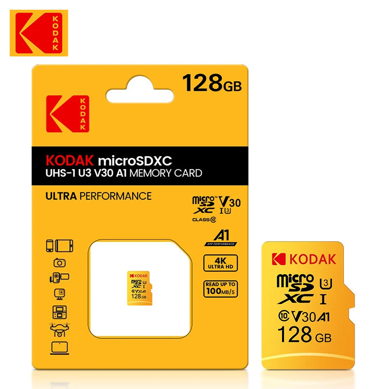 KODAK Micro SD Memory Card 128GB 100MB/s Class 10 U3 UHS-I 64GB Mini TF SD Card 4K HD for smartphones, dash recorders, drones,