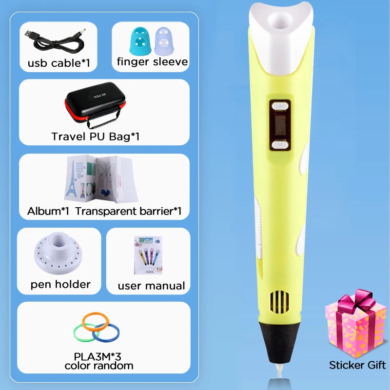 Kids 3D Printing Pen With LCD Screen & Stickers Compatible PLA Filament Safe With 9M PLA Girls Boys Birthday Gift Toys Print Pen