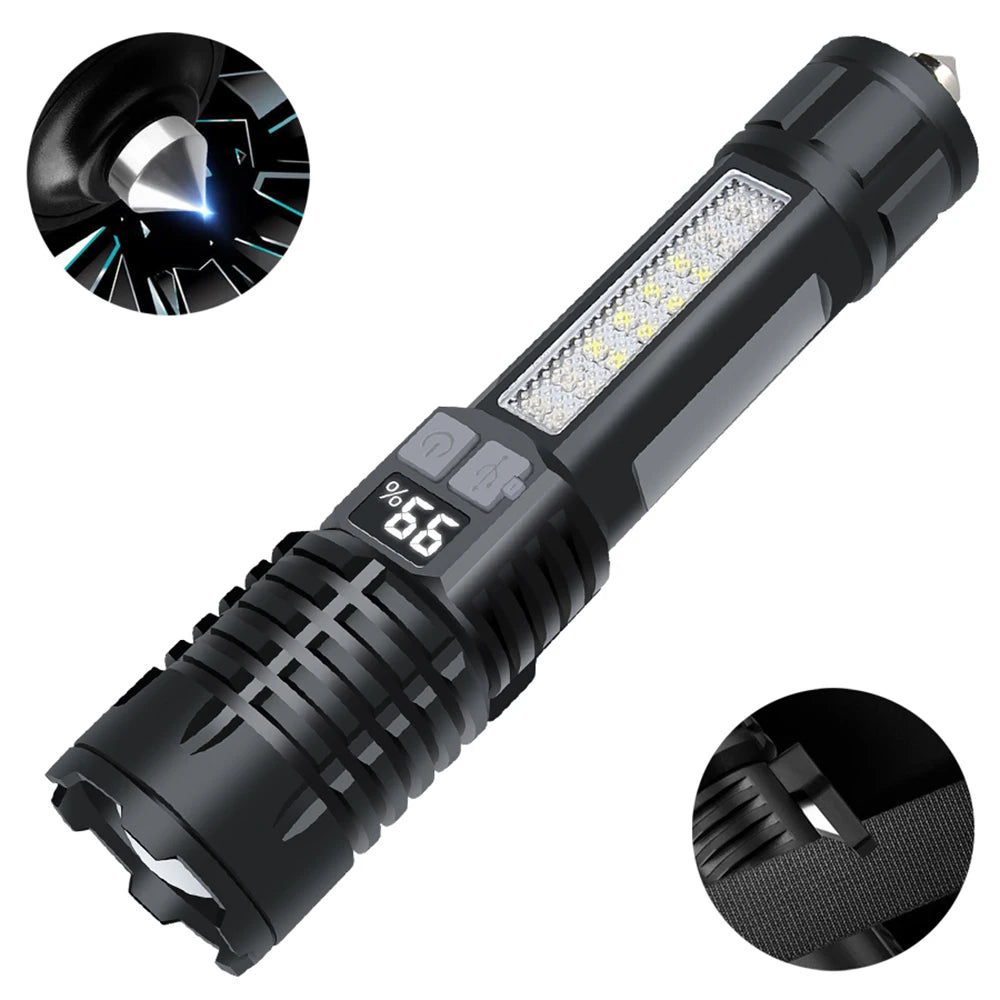 Heinast High Power LED Flashlight Powerful TYPE-C Rechargeable COB Flashlight With Side Light Torch For Outdoor Camping Hiking