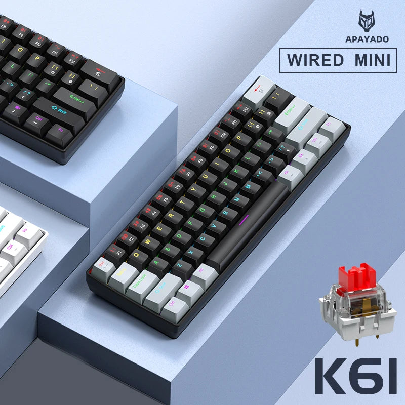 60% Portable Wired Mini Mechanical Keyboard, APAYADO K61 Mini Keyboard Wired,61 Keys Phantom RGB,Black,White,Red,Red/Blue Switch
