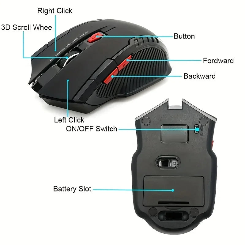 2.4GHz Wireless Mouse Adjustable DPI Mouse 6 Buttons Optical Gaming Mouse Gamer Wireless Mice with USB Receiver for Computer PC