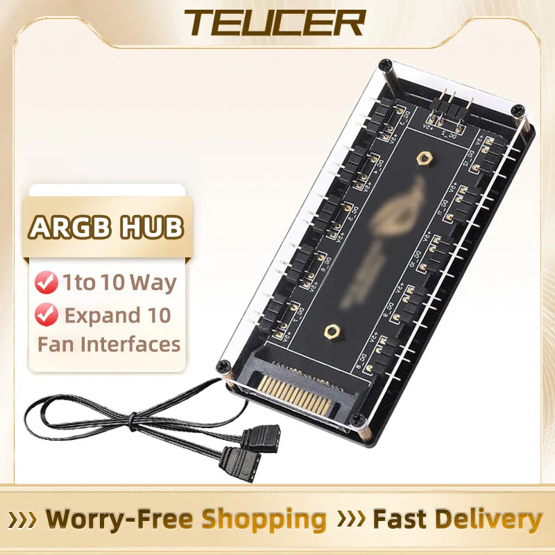 ARGB Connector 1 To 10 Port Splitter Hub 5V 3Pin ARGB Case Fan Hub With Adhesive Base SATA Power For LED Fans Lights