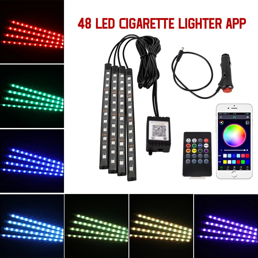Neon 36 48 72 LED Car Interior Ambient Foot Light Wireless Remote Music APP Control Auto RGB Atmosphere Decorative Lamp