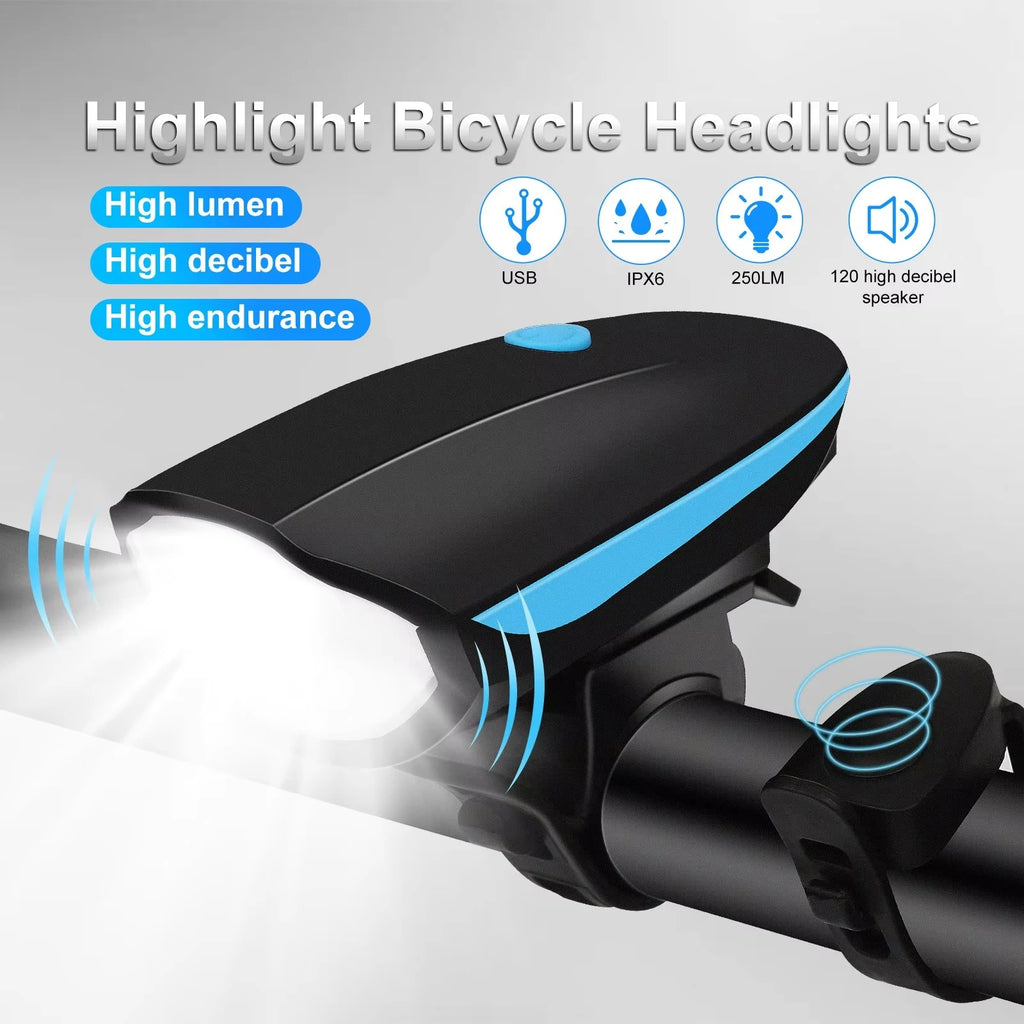 Bicycle Front Light with Electric Loud Horn Waterproof Bike Headlight USB Rechargeable Cycling Flashlight Bike Accessories