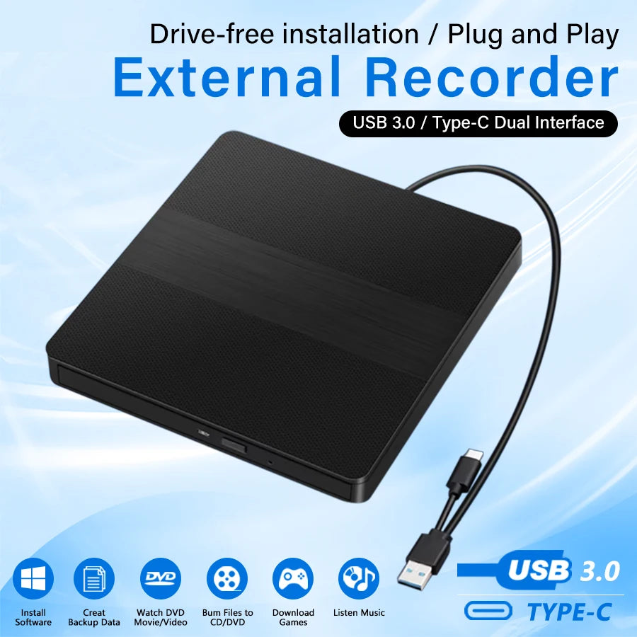 2-in-1 USB3.0 Type-C External DVD RW CD Writer Drive Burner Reader Player CD-ROM DVD-ROM Optical Drives For Laptop Desktop PC