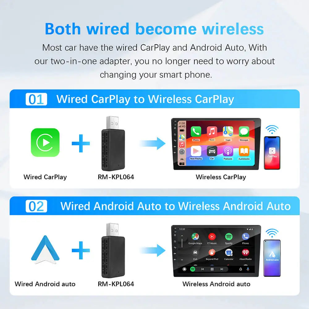 2in1 Wireless CarPlay Android Auto Adapter Wired to Wireless Mini Car Ai Box for Audi Toyota VW Peugeot