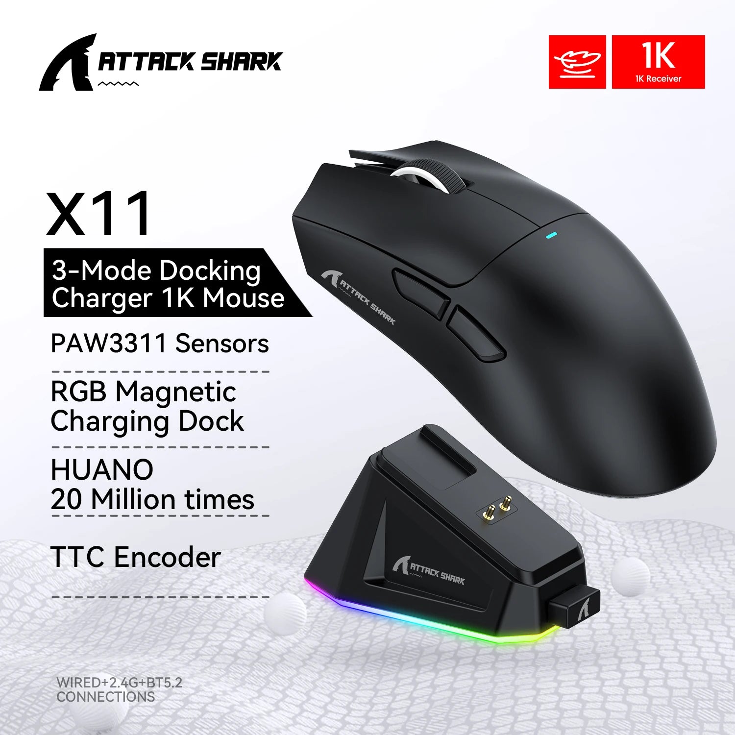 Attack Shark X11 PAW3311 Wireless Bluetooth Mouse,  2.4G 400IPS RGB  PC Gaming Mouse